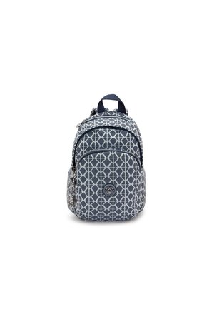 Navy backpack with white geometric pattern, zippered compartments, adjustable straps, and a looped handle on top. Textured fabric.