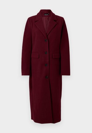 Dark red long wool coat with four black buttons, wide lapels, and two front flap pockets, displayed against a plain white background.