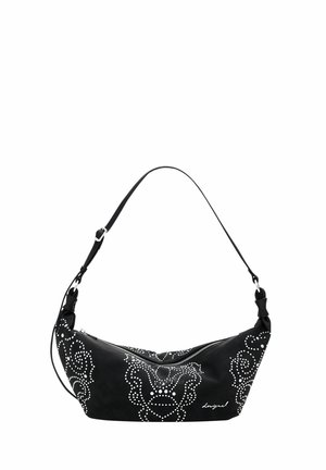 Sac à épaule noir avec sangle réglable, motifs tourbillonnants blancs à pois, fermeture éclair et petite signature de marque blanche sur le devant.
