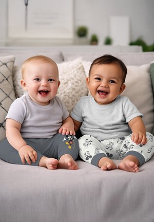 Zwei lächelnde Babys sitzen auf einem Sofa, tragen graue Oberteile und Hosen mit Mickey-Mouse-Motiv in einem gemütlichen Wohnzimmer.