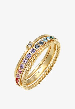 Goldring mit drei Bändern, besetzt mit bunten Edelsteinen: rot, pink, lila, blau und grün. Strukturierter, gedrehter Design. Geprägt "925."