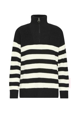 Gestreifter schwarz-weißer Rollkragenpullover mit halbem Reißverschluss aus geripptem Strickstoff. Verfügt über breite horizontale Streifen und ein strukturiertes Muster.