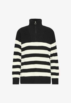 Gestreifter schwarz-weißer Rollkragenpullover mit halbem Reißverschluss aus geripptem Strickstoff. Verfügt über breite horizontale Streifen und ein strukturiertes Muster.