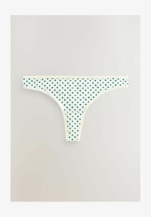 Perizoma bianco con fantasia a pois verdi, con una texture liscia e bordo del cintura a contrasto. Tessuto leggero.