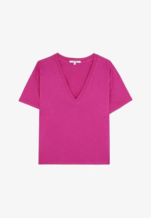 Rosa V-Ausschnitt-T-Shirt mit kurzen Ärmeln, aus weichem Stoff. Das Design bietet eine lockere Passform und eine glatte Textur.