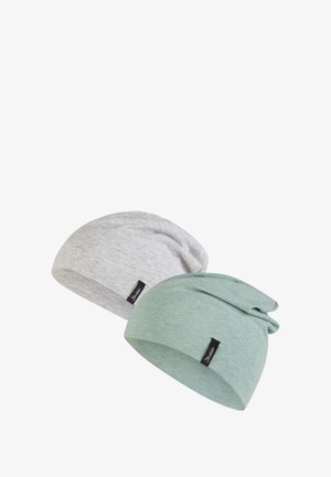 Two beanies: one light grey and one muted green. Made of soft, stretchy fabric with a slouchy design and small brand tags.