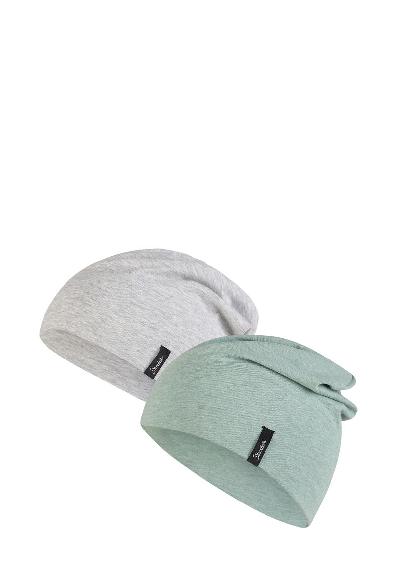 Two beanies: one light grey and one muted green. Made of soft, stretchy fabric with a slouchy design and small brand tags.