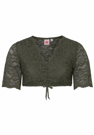 Olive green lace crop top with short sleeves, featuring floral patterns, a V-neckline, and a tie closure at the front.