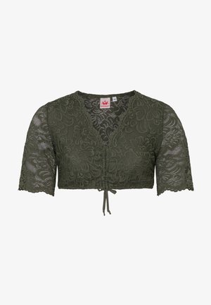 Olive green lace crop top with short sleeves, featuring floral patterns, a V-neckline, and a tie closure at the front.