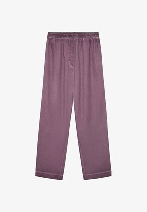 Light purple, loose-fitting pants with an elastic waistband. Soft texture and straight cut, featuring a front pocket detail.