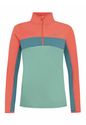 Fleece pullover met een hoge kraag, voorzien van een halve ritssluiting. Kleurblokken in koraal, teal en muntgroen. Soepele textuur met logo op de borst.