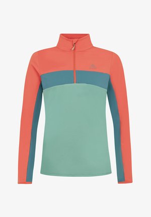 Fleece pullover met een hoge kraag, voorzien van een halve ritssluiting. Kleurblokken in koraal, teal en muntgroen. Soepele textuur met logo op de borst.