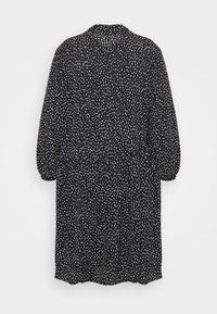 Abito nero con pois bianchi, maniche lunghe, vita arricciata e colletto. Tessuto liscio, design fino al ginocchio.