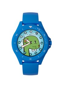 Orologio rotondo per bambini con cinturino in silicone blu, caratterizzato da un vivace design di un dinosauro verde sul quadrante e numeri audaci, facili da leggere.