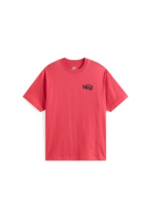 Red cotton t-shirt with short sleeves, featuring a black "VANS" logo in a stylized font on the left chest area. Round neckline.