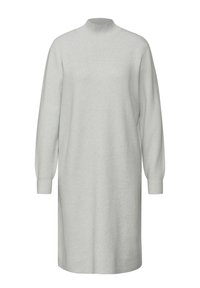 Lichtgrijze gebreide jurk met een col, lange mouwen en een rechte pasvorm, met geribbelde manchetten en een gladde textuur.