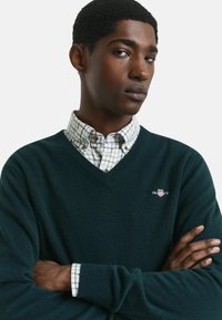 Grüner V-Ausschnitt-Pullover aus weichem Material, über einem karierten Hemd mit Knopfdetails getragen, mit kleinem Logo auf der linken Brust.