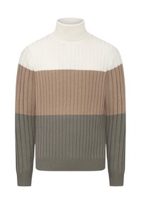 Ribbed turtleneck-neule valkoisena, beigenä ja oliivinvihreänä. Ominaisuuksia ovat vaakasuorat väriraidat ja karkea kangas. Pitkät hihat ja tiukka helma.