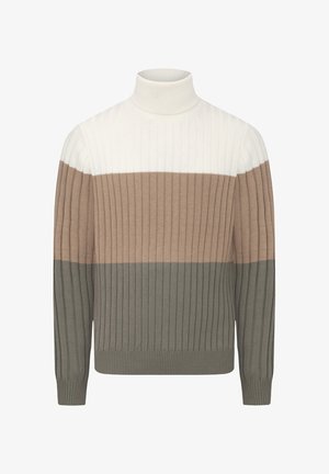 Ribbed turtleneck sweater in white, beige, and olive green. Features horizontal color bands and textured fabric. Long sleeves and fitted hem.