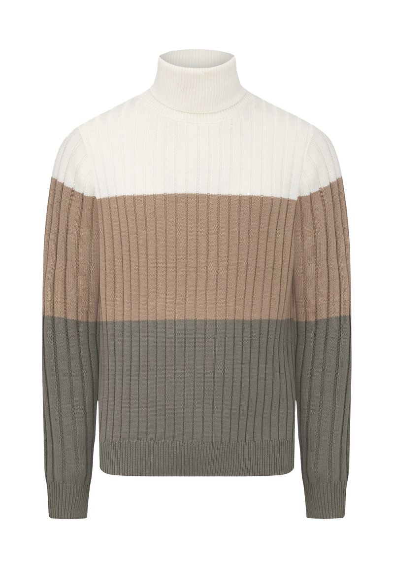 Ribbed turtleneck-neule valkoisena, beigenä ja oliivinvihreänä. Ominaisuuksia ovat vaakasuorat väriraidat ja karkea kangas. Pitkät hihat ja tiukka helma.