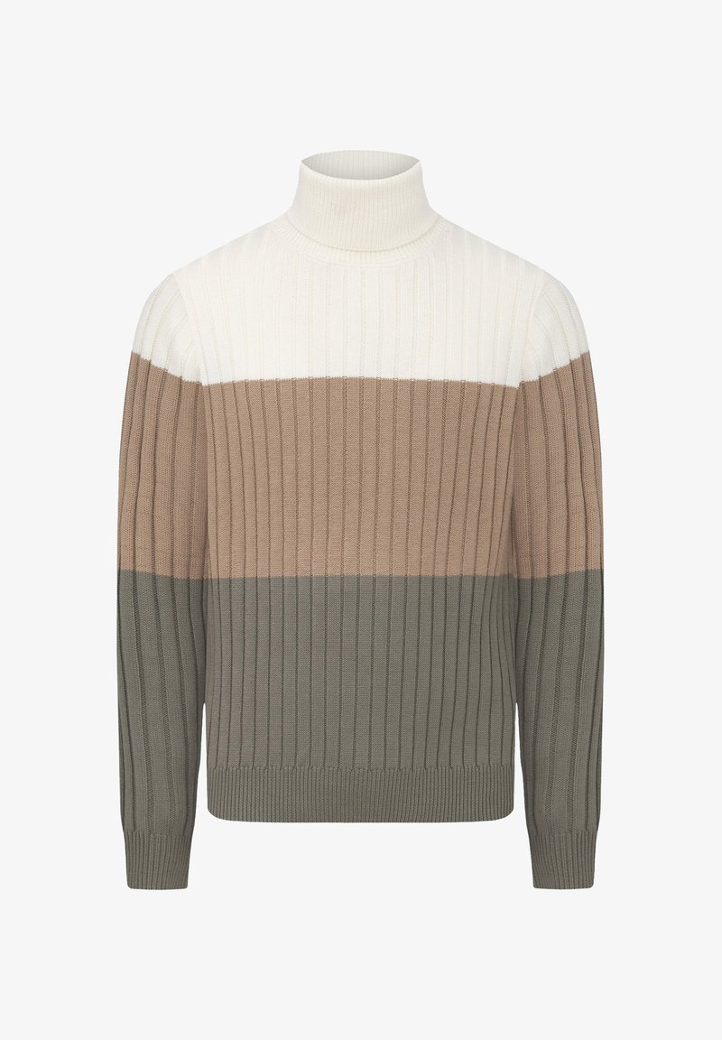Maglione a collo alto a costine di colore bianco, beige e verde oliva. Presenta bande orizzontali di colore e un tessuto strutturato. Maniche lunghe e orlo aderente.