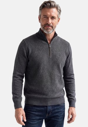 Man with gray hair and beard wearing a dark gray half-zip sweater and blue jeans, standing against a plain light background.