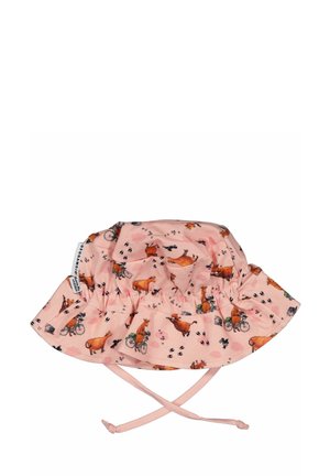 Lyserød børnesolhat med illustrationer af orange heste, cykler, fuglefodaftryk og justerbare nakkestropper.
