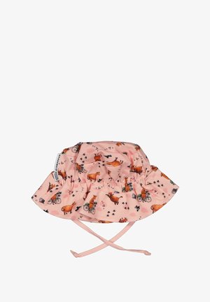 Lyserød børnesolhat med illustrationer af orange heste, cykler, fuglefodaftryk og justerbare nakkestropper.