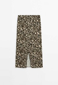 Leopardenmuster-Shorts mit einem hellbeigen Hintergrund, die dunkle braune Flecken aufweisen. Sie haben einen geraden Schnitt und einen Schlitz hinten für zusätzlichen Detail.