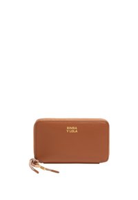 Rectangular brown leather zip-around wallet with gold "BIMBA Y LOLA" logo and braided zipper pull with gold tips.