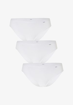 Tre paia di mutande bianche in cotone, caratterizzate da una texture liscia, una vita elastica e un'etichetta minimale sul davanti.