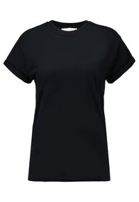 Černé bavlněné tričko s krátkým rukávem, kulatým výstřihem a ohrnutými manžetami. Jednoduchý design s uvolněným střihem a jemnou, hladkou texturou.