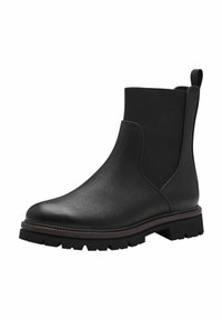 Bottes noires à la cheville avec une finition en cuir texturé, des côtés élastiques et une semelle en caoutchouc robuste. Elles présentent un tirant à l'arrière pour un enfilage facile.