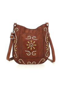 Borsa a tracolla in pelle marrone con ricamo floreale, dettagli metallici e superficie strutturata. Cinghia regolabile e chiusura a scatto.