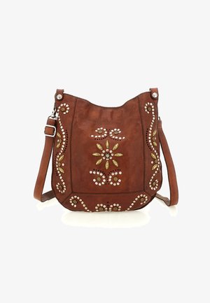 Bolso de hombro de cuero marrón con bordado floral, detalles metálicos y superficie texturizada. Correa ajustable y cierre de presión.