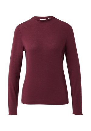 Top a maniche lunghe color burgundy, con un colletto alto e una silhouette aderente, realizzato in un tessuto morbido e leggero con una sottile texture.