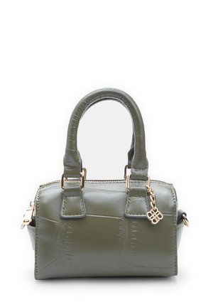 Small handbag in dark olive green, made of glossy material with a crocodile texture, features two sturdy handles and gold hardware accents.