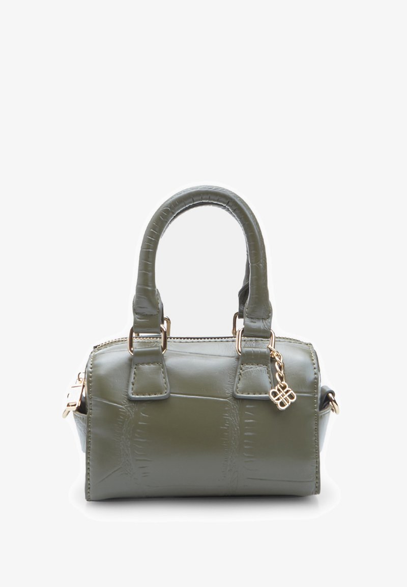 Pieni käsilaukku tumman oliivinvihreänä, kiiltävästä materiaalista, jossa on krokotiilikuosisointi. Laukussa on kaksi tukevata kahvaa ja kultaisia yksityiskohtia.