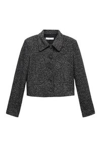 Veste noire recadrée avec un motif texturé et tacheté. Comprend un col étalé, des manches longues et une fermeture à boutons sur le devant.