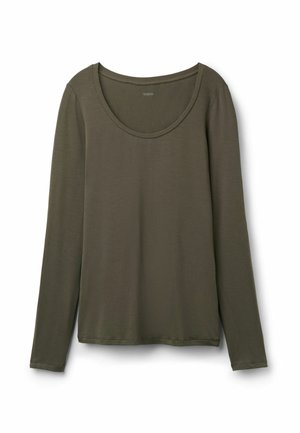 Bluzka z długim rękawem w ciemnooliwkowym kolorze, z szerokim, okrągłym dekoltem i miękką, gładką tkaniną o luźnym kroju.