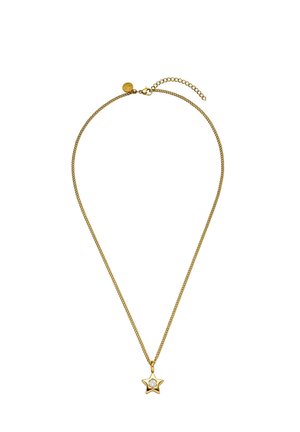 Gold chain necklace with a small star-shaped pendant featuring a central clear gemstone and an adjustable clasp closure.