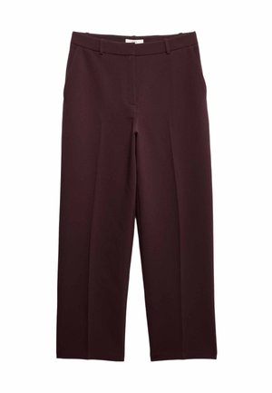 Donker bordeauxrode, rechte broek met riemlussen en zijzakken, een ritssluiting aan de voorkant en een plooi langs de pijpen.