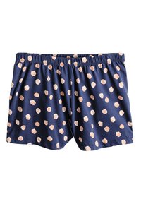 Short bleu marine à taille élastique avec des pois rose clair irréguliers, tissu doux et coupe décontractée.