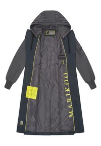 Long hooded jacket, gray exterior, yellow lining, ribbed cuffs, side pockets, and printed branding inside. Features care instructions tag.