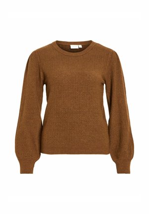 Rudas megztinis su tekstūruota paviršiaus danga, apvaliu iškirpimu ir pūstais ilgais rankovėmis. Minimalistinis dizainas be matomų apdailos elementų.