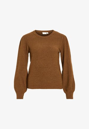 Brown knitted sweater with a textured surface, round neckline, and puffed long sleeves. Minimalist design with no visible hardware.