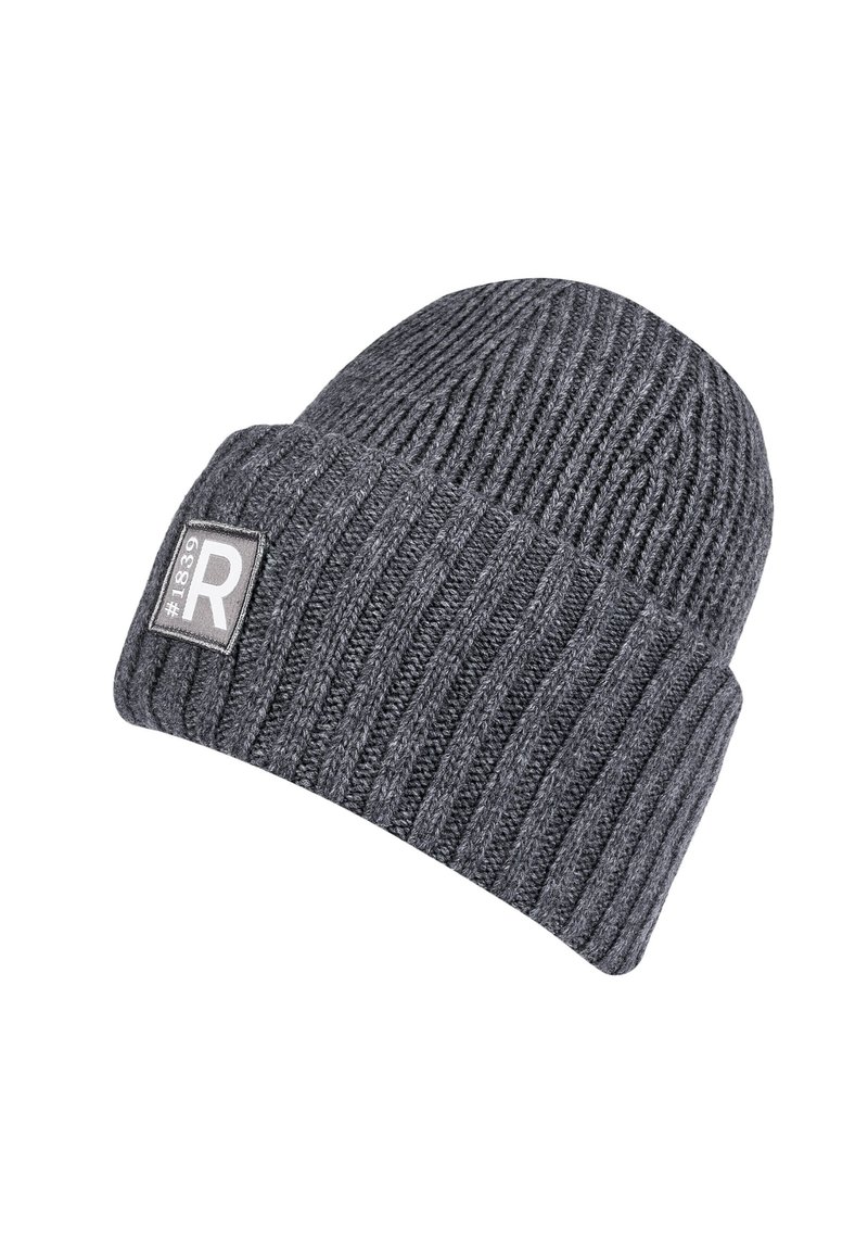 Gray knitted beanie hat featuring a ribbed texture and a folded cuff. Displays a square label with a stylized "R" and number.