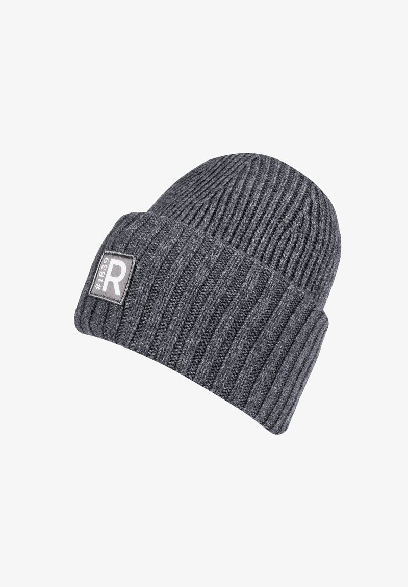 Gray knitted beanie hat featuring a ribbed texture and a folded cuff. Displays a square label with a stylized "R" and number.