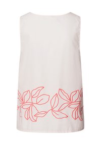Top sin mangas blanco con bordado de hojas coral en el dobladillo inferior, con una textura suave y un escote redondo simple.