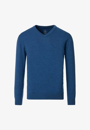 Blauer V-Ausschnitt-Pullover aus weichem Strickstoff, mit langen Ärmeln und tailliertem Schnitt. Keine sichtbaren Muster oder Akzente.